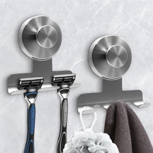 WingWider Suction Cup Razor Holder for Shower,Heavy-Duty 7KG Suction Hooks for Razor,Towel,Loofah,Removable Damage-Free Metal Shower Hook,Shaver Holder,2 Pack(Brushed Silver)
