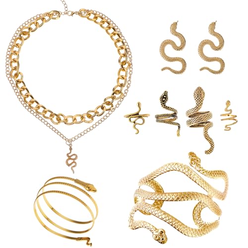 Huquary 8 Pcs Snake Jewelry for Women Egypt Style Snake Jewelry Necklace Earrings Armband Bracelet Rings for Halloween(Gold)