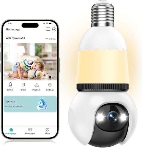 Hawkray WiFi Light Bulb Security Camera Wireless Outdoor Indoor-2.4&5GHz Dual Band WiFi, 2K Full-Color Night Vision, 360° Pan-Tilt, Motion Detection, Two-Way Audio, Siren Alarm