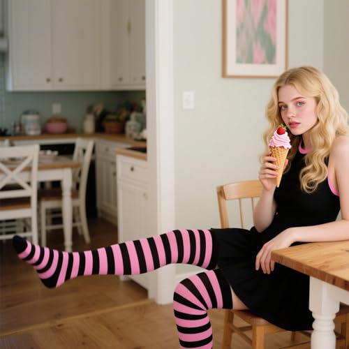 Image of AQOKKA Extra Long Thigh High Socks for Women Striped Long Stockings
