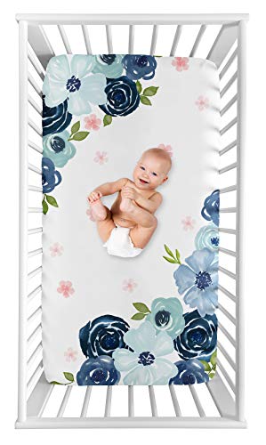 Sweet Jojo Designs Navy Blue and Pink Watercolor Floral Girl Fitted Crib Sheet Baby or Toddler Bed Nursery Photo Op - Blush, Green and White Shabby Chic Rose Flower