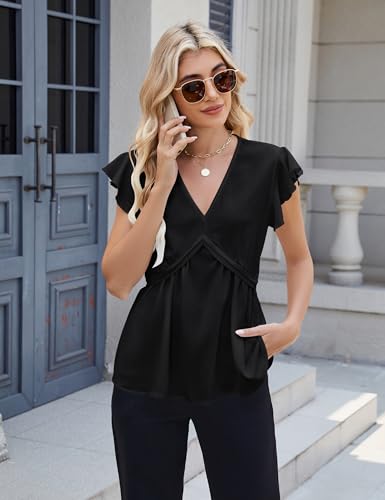 Blooming Jelly Womens Peplum Tops Dressy Casual V Neck Ruffle Short Sleeve Ruched Business Blouses Trendy Clothes2