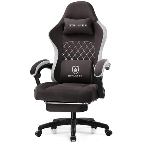 GTPLAYER Gaming Stuhl Ergonomischer Gaming Sessel Schreibtischstuhl mit Stoffoberfläche, Federsitzkissen, Verbindungsarmlehnen und Fußstütze 150KG, Braun