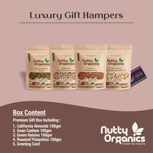 Image of Nutty Organics Premium Dry Fruits Gift Pack - Cashew, Almonds, Green Raisins, Pistachio 100 gram Each & Healthy Dry Fruit Combo for Gifting & Every Occasion