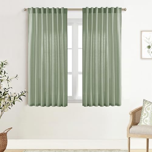 Image of XTMYI Sage Green Back Tab /Hook Belt Linen Cotton Sheer Curtains 45 Inch Length for Bathroom Bedroom 2 Panels Set