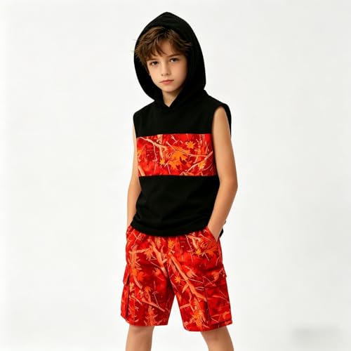 Image of Size 6-12 Years Boys Summer Clothes Hooded Sleeveless Tank Tops Workout Shorts 2 Piece Set Fashion Outfits