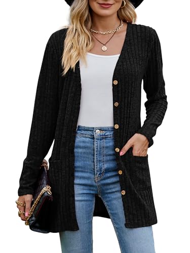 MYCOLORBLUE Alte Zeiten Strickjacken für Damen Elegant Cardigan Gerippt Langarm Knopfleiste mit Taschen Strickcardigan Schwarz XL