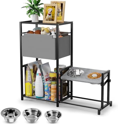 Elevated Dog Bowls with Storage, 6 Heights & Tiltable Raised Dog Bowl with Toy Bin Basket – 3 Stainless Steel Bowls – Pet Feeding Station Food Cabinet Organizer for Small and Medium Dogs