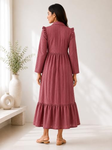 Image of Ayli Women's Textured Long Frock | Full Sleeve Maxi Frock | Tiered A-Line Dress for Casual, Office