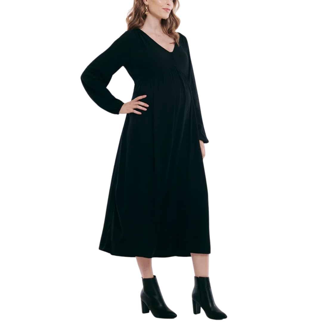 Motherhood Maternity Womens Long Sleeve Button Front Midi Pregnancy Dress