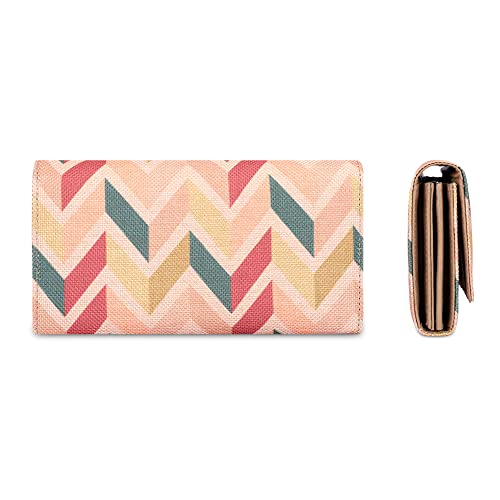 Image of THE CLOWNFISH Charisma Collection Printed Handicraft Fabric & Faux Leather Womens Wallet Clutch Ladies Purse with Multiple Card Slots (Cream-Wave Design)