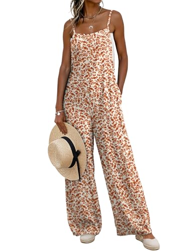 Dokotoo Floral Jumpsuits for Women Casual 2026 Trendy Women's Summer Long Pants Sleeveless Square Neck Jumpsuits Boho Wide Leg Loose Fit Rompers Overalls With Pockets for Ladies Orange Large