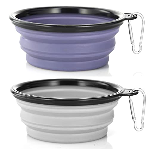 Image of Dog Bowl Pet Collapsible Bowls, 2 Pack Collapsible Dog Water Bowls for Cats Dogs, Portable Pet Feeding Watering Dish for Walking Parking Traveling with 2 Carabiners (Small, Purple & Concrete Gray)