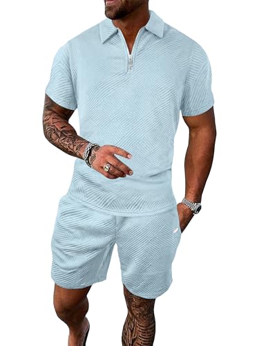PLEPAN Men's Polo Shirt and Shorts Set Summer Outfits Fashion Casual Short Sleeve Polo Suit for Men 2 Piece Short Set Sky Blue S