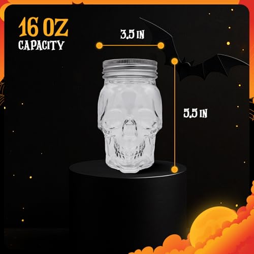 DURA LIVING Set of 2 Skull Mason Jar Glasses with Lids | 16oz Reusable Halloween Drinking Glasses | Unique Skull Décor, Storage, & Canning Jars for Parties & Gifts by DURA LIVING - Used condition - Image 3