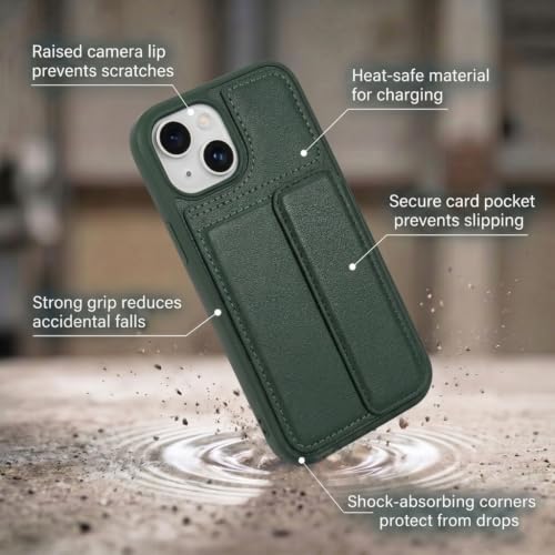 Image of amazon basics Luxury Vegan Leather Back Cover for iPhone 13 | Built-in Card Holder Slot | Integrated Mobile Stand | Slim Shockproof Protective Case with Stitched Finish - Green