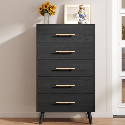 Aiho 5 Drawer Dresser, Tall Chest with Metal Handles, Wood Storage Organizer for Bedroom, Hallway, or Living Room, Black