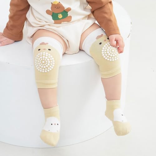 Mezrkuwr 3 Paar Baby Knieschoner und 3 Paar Baby Socken Krabbeln set, Anti Rutsch mit Gummipunkte Krabbelschoner Stulpen Knieschützer für Kleinkinder 0-12 Monate, Niedliche Cartoon-Muster