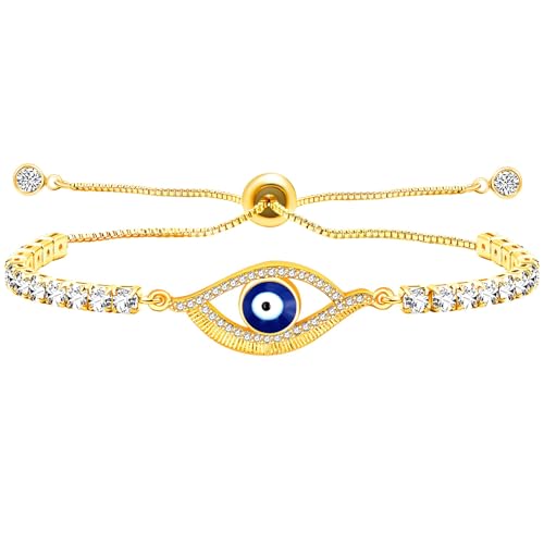 Image of Devil's Eye Charm Bolo Bracelet for Girls and Women Adjustable Sliding Button Tennis Bracelet with Cubic Zirconia Chain, Lucky Protection Bracelet Gift YA4896