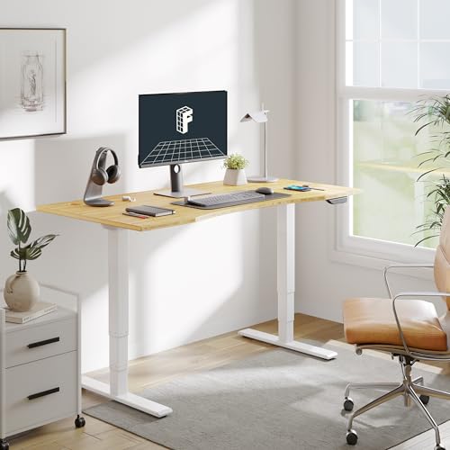 Image of FLEXISPOT E6 MAX Bamboo 60x30 Inch Dual Motor 3-Stage Heavy Duty Standing Desk, 330lbs Weight Capacity, Height Adjustable Desk w /Cable Management & Wheels (Solid Bamboo Curved Desktop + White Frame)