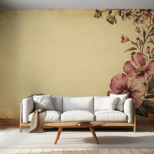 Fresque murale 3D haut de gamme motif floral beige | Papier peint intissé 350 cm