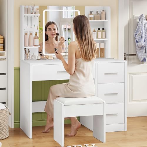 TEENFON Tocador, Tocador de Maquillaje con Luces y Espejo, Mesa de Maquillaje con Toma de Corriente, Mesa de Maquillaje con 4 Cajones, 4 Estantes Abiertos, 5 Ganchos de Joyería para, Blanco - imagen 8