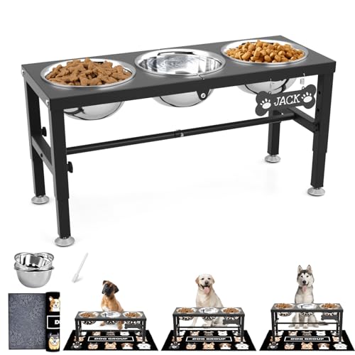 SHAINFUN Metal Elevated Dog Bowls Stand for Large Dogs with Mat & Three 58oz Food Water Bowls Adjustable Height Raised Dog Bowl Stand