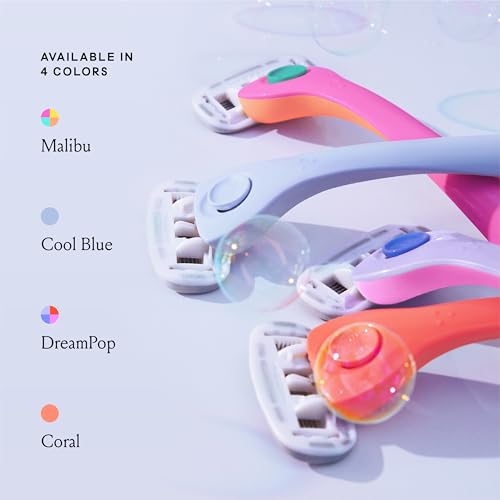 Image of Billie Razors for Women, Coral - 1 Handle, 2 Refills & Magnetic Holder | 5 blade womens razors for sensitive skin, Surrounded by aloe shave soap, Ergonomic handle, Pivoting head, Magnetic Holder