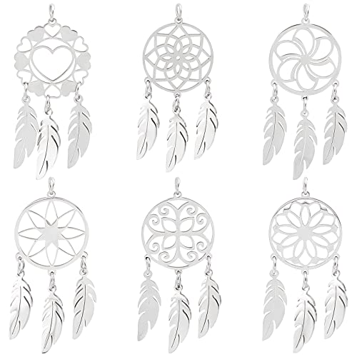 UNICRAFTALE 6 Pcs 6 Pendentif Attrape Rêves Style Bohème Pendentif en Acier Inoxydable avec Anneaux de Saut Trou 3mm Filet Web Tissé avec Pendentif Plume Breloques en Métal 44x20x1mm