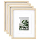 Egofine 11x14 Picture Frames Set of 4, Made of Solid Wood Covered by Plexiglass 5x7 and 8x10 with Mat or 11x14 without Mat, for Table Top Display and Wall Mounting Photo Frame Oak Wood