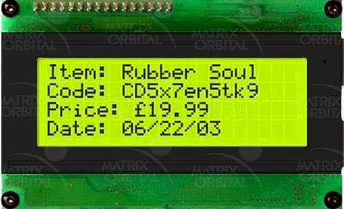 MATRIX Orbital LCD2041 LCD Character Display Module, 20X4, 9-PIN Connector, 2 PIN Header General Purpose Output, DB-9F RS-232/POWER 9-PIN, 4-PIN Power and I2 C Communications