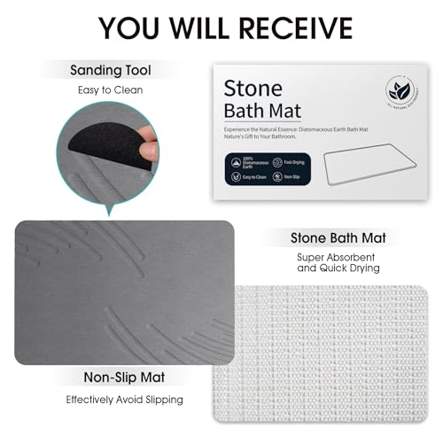 Image of ZIKIBL Stone Bath Mat Diatomaceous Earth Shower Mat Non-Slip Super Absorbent Diatomite Stone Mats for Bathroom Floor /Ktichen Cuonter Quick-Drying Easy to Clean (24''*16'' Grey-Feather)