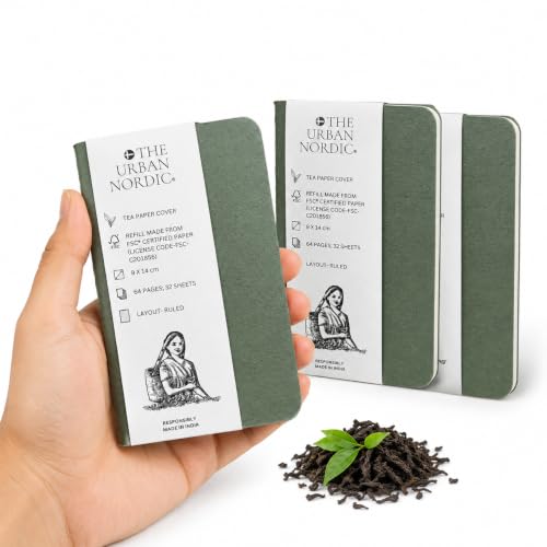Image of Tea Paper Pocket Notebook Pack of 3 Forest Green | A6 Mini Notebook 9 x 14 cm | 64 Ruled Pages | FSC Certified Paper | Small Pocket Diary & Note Pad for Daily Notes, Travel, College Students