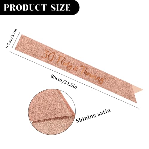 LHPYQ Rose Gold 30 Flirty & Thriving Sash - Glitter 30th Birthday Satin Sash for Women - Happy 30th Birthday Gifts for Her Thirty Years Old Party Decorations