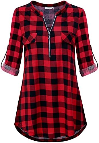 Christmas Blouse for Women, Womans Career Attire Henley V Neck Half Cuff Sleeve Shirttail Versatile Grid Pattren Knitted Tunic Blouse Tops Popular Work Wear Fall 2023 Buffalo Plaid Black Red XXL