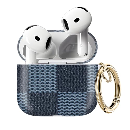 GKZX for AirPods 4 Case, Cute AirPod 4th Generation Cases Cover for Women Girly with Gold Keychain for AirPod 4 Cover 2024 (Blue Grey Chessboard)