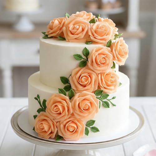 Image of 100Pcs Real Looking Orange Artificial Rose Flower Heads, Foam Fake Roses for DIY Wedding Decorations Baby Shower Centerpieces Home Party Valentine's Day Mother's Day Decor