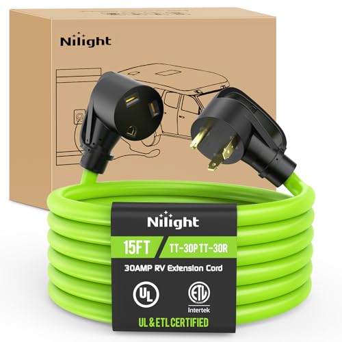 Image of Nilight 15FT 30 Amp RV Extension Cord 125V Heavy Duty 10 /3 Gauge Pure Copper STW Wire UL ETL Listed 3 Prong TT-30P TT-30R Weatherproof Suit for Camper Caravan Trailer Bright Green