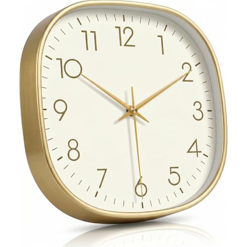 Image of STAR WORK 12 inch Inch Square Silent Non-Ticking Quartz Movement Wall Clock with Analog & Digital Display | Easy-to-Read Numbers | Modern Design for Living Room, Bedroom or Office (White - Gold)