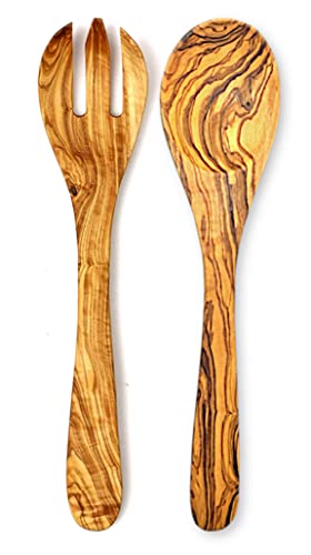 Stilux® Salatbesteck aus Olivenholz 30 cm | 2-tlg Holz Servierbesteck: Salatgabel & Salatlöffel | Praktische Küchenhelfer Servierlöffel Holzbesteck: Löffel und Gabel | Hygienisch und langlebig