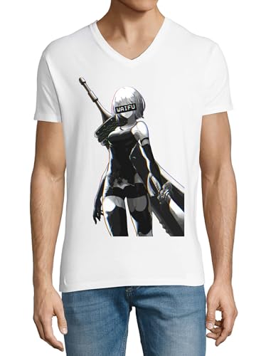 T-shirt à col en V Anime 168 pour homme en coton blanc confortable