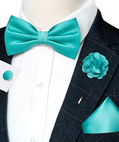 Image of RBOCOTT Solid Color Bow Tie and Pocket Square with Lapel Pin Cufflinks Set 4PCS