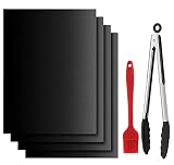 Grillmatte für Gasgrill, Dailyart 100% Antihaft BBQ Grillmatten 40x33cm 4er Set Mit Grillzange & Silikonbürste, Grill Zubehör Männer Geschenk, Wiederverwendbar Grillfolie Pfoa-Frei für Bis 500℉ Teflon