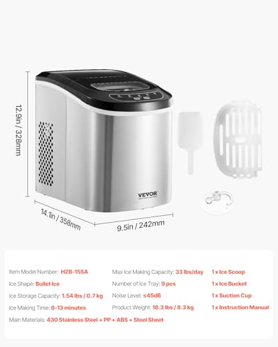 Image of VEVOR Countertop Ice Maker, 9 Cubes Ready in 6 Mins, 33lbs in 24Hrs, Self-Cleaning Portable Ice Maker with Ice Scoop and Basket, Ice Machine with 2 Sizes Bullet Ice for Home Kitchen Office Bar Party