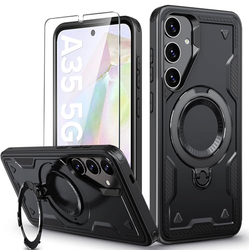 Image of for Samsung Galaxy A35 Case Magnetic with Stand, with Mag-Safe, with Screen Protector, Wireless Charging, Shockproof for Samsung A35 5G Phone Case, Ring Holder Cover, for Samsung A35 Black