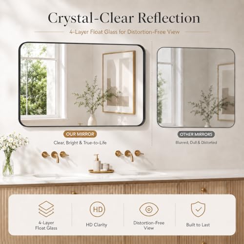 Image of 30 inchx40 inch Rounded Corners Black Bathroom Mirror - Metal Framed with HD Shatter-Proof Glass, Wall-Mounted for Over Sink, Entryway, Living Room, Bedroom