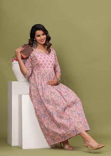 Image of Maternity Feeding Kurti for Women | Cotton Blend Anarkali Dress with Nursing Zip for Pre & Post Pregnancy