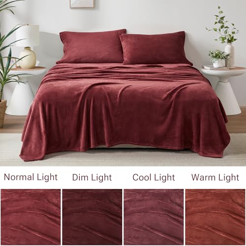 Image of True North by Sleep Philosophy Plush Sheet Set Twin, Solid Color, Warm & Soft Bedding Twin Size Sheets, Fitted Pocket Fits Up to 16 inch Mattress, Soloft, Burgundy 3 Piece