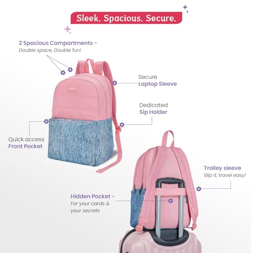 Image of Genie Casual Backpack for Girls |17 In-20 Ltr with Laptop Sleeve, Two Compartments and Trolley Sleeve with Padded Shoulders |Best for Books,Stationery,Lunch Box & Essentials