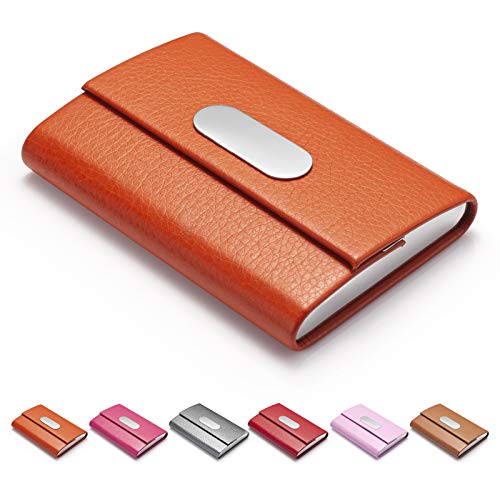 FACATH - Porta biglietti da visita da donna, in pelle PU e acciaio inox, porta biglietti da visita in metallo con chiusura magnetica, colore: Arancione